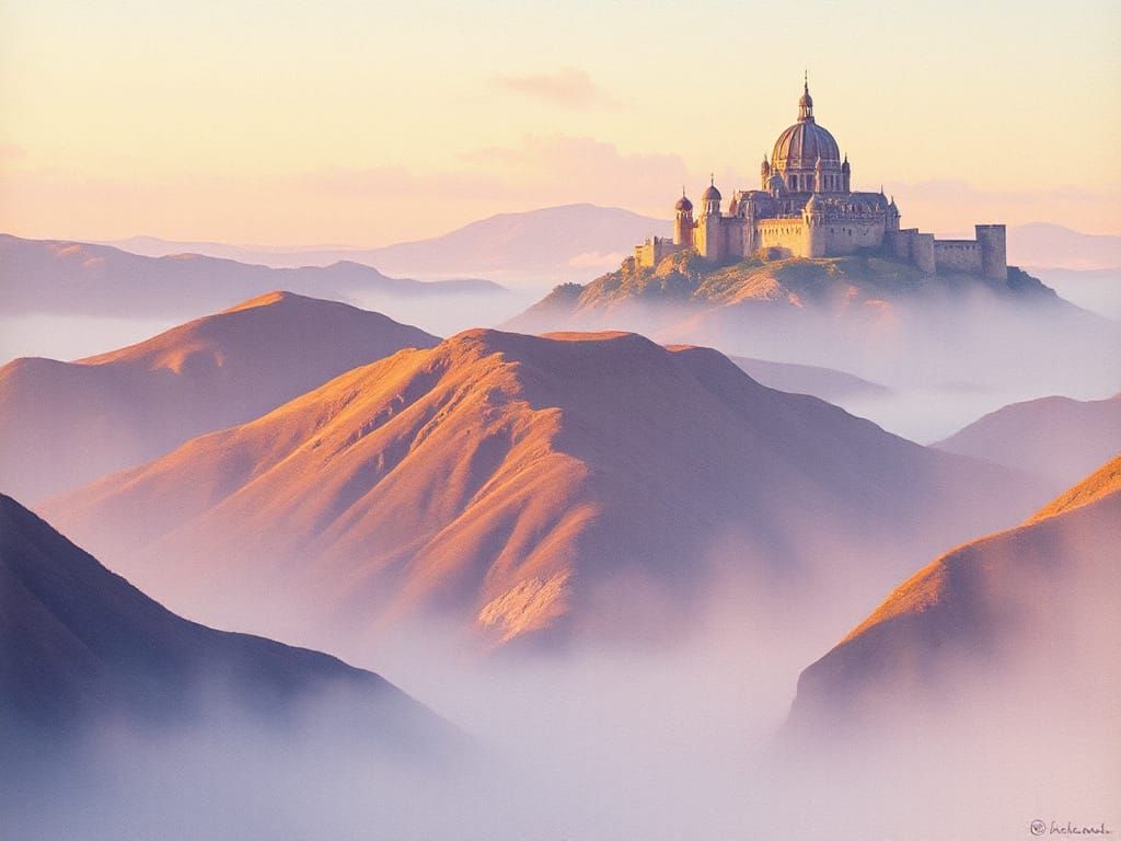 Domed Mountains with Ruined Castles in Watercolor Style