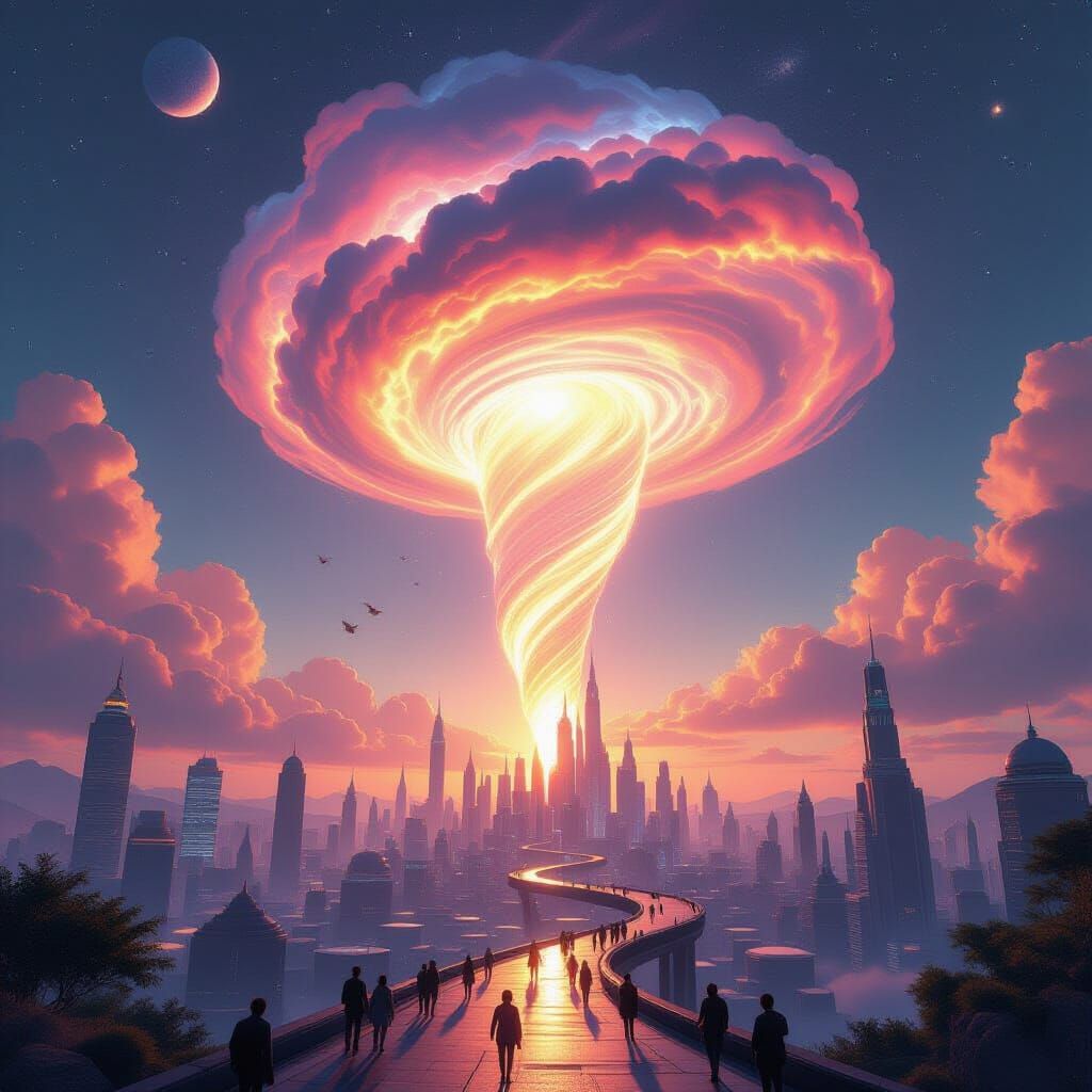 Futuristic City Illuminated by Spiraling Cloud