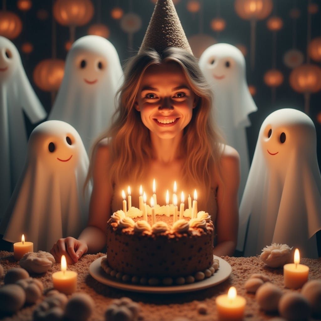 Smiling Woman Celebrates Birthday with Cake and Ghosts