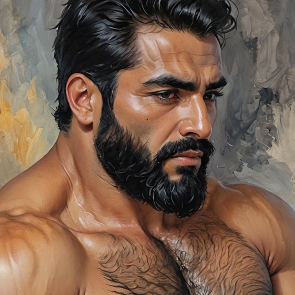 Hirsute Man with Black Beard in Impressionist Style