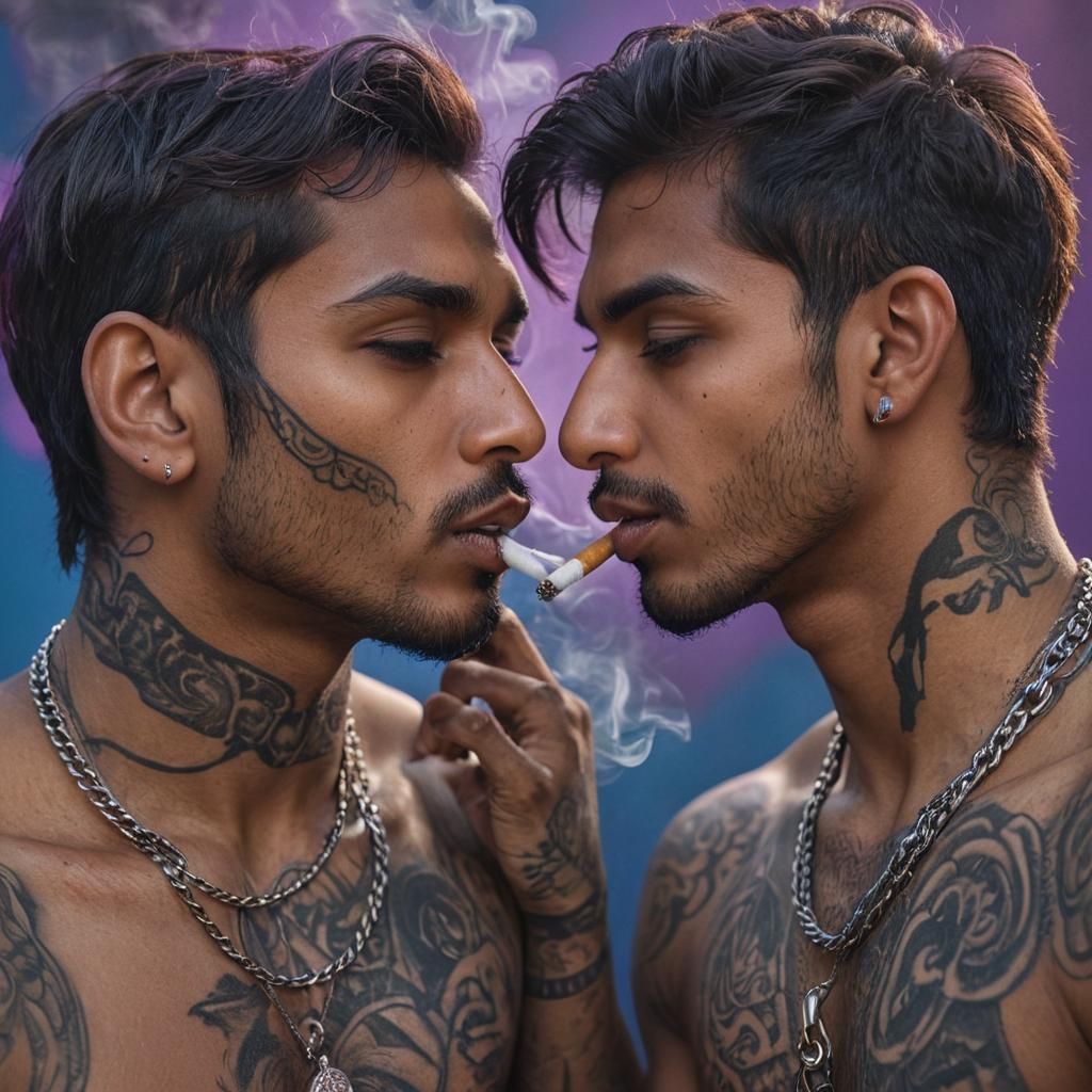 Passionate Kiss: Two Indian Men in Vibrant Colors