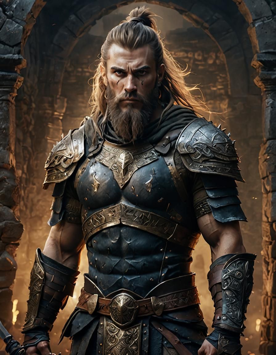 Heroic Nordic Warrior in Misty Ruins