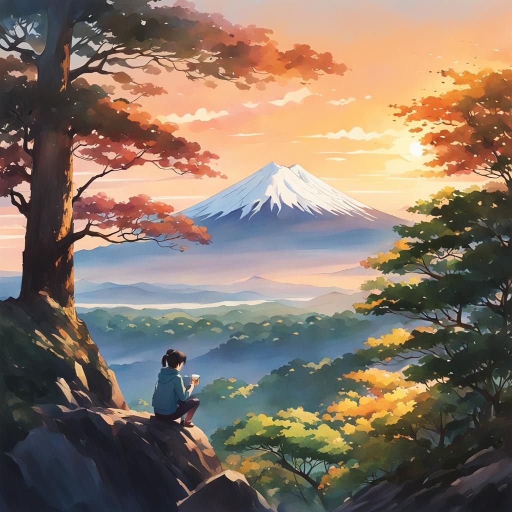 Woman Sipping Tea with Mt Fuji in Anime Style