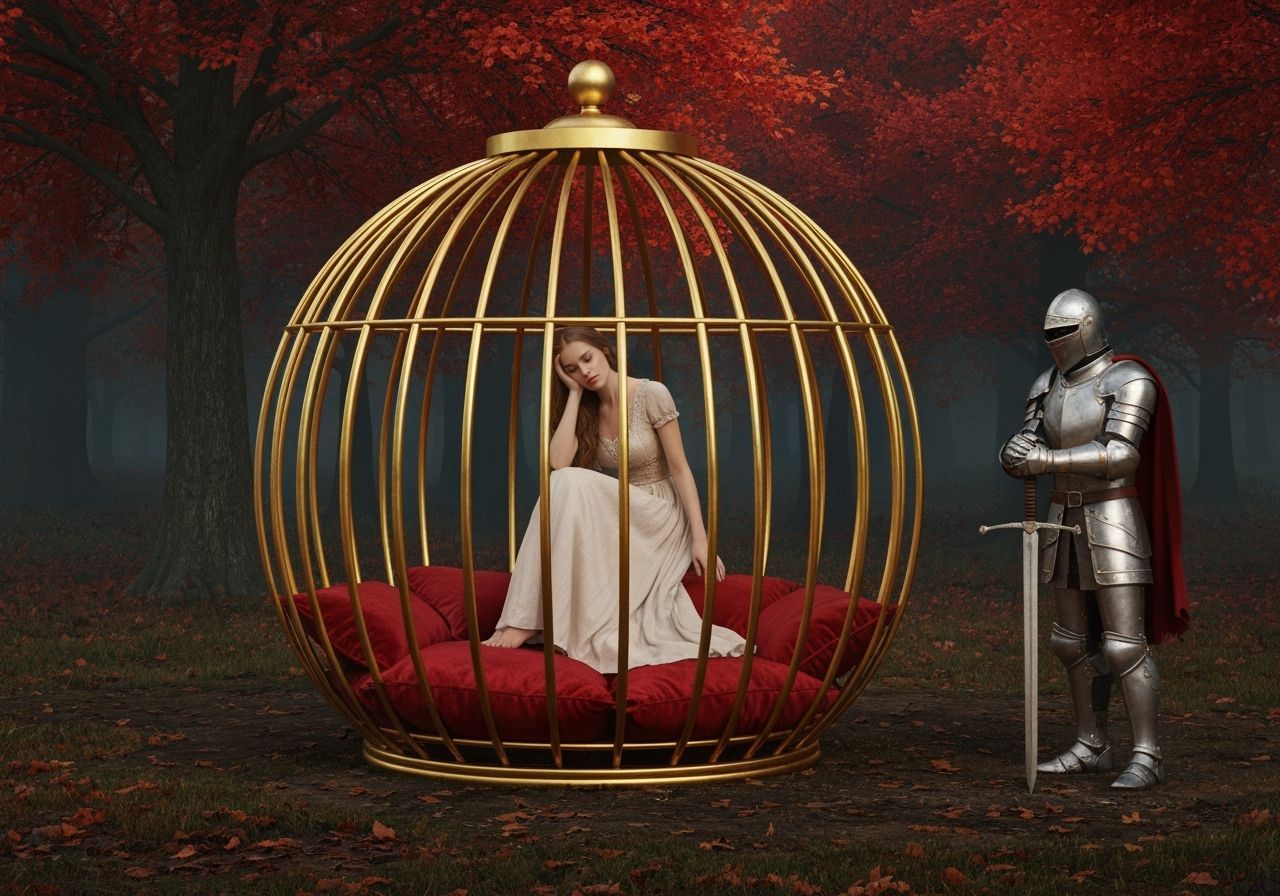 Young Woman in Golden Cage in Autumn Forest
