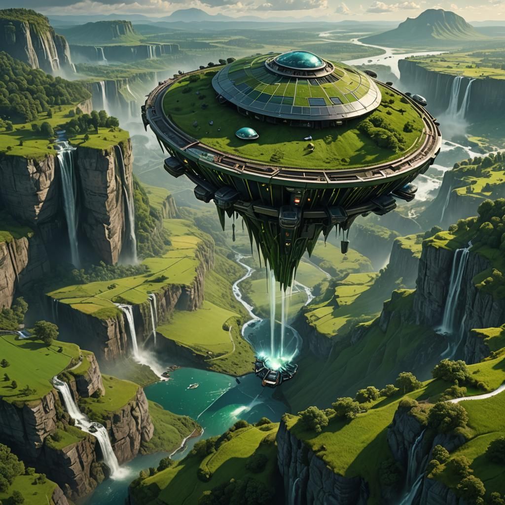 Alien Spaceship over Earth Landscape, Digital Painting