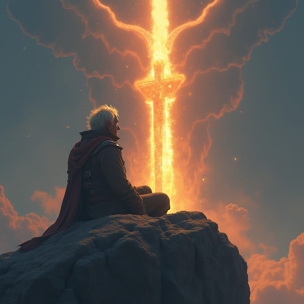 Aged Warrior Seeks Guidance from Fiery War Angel