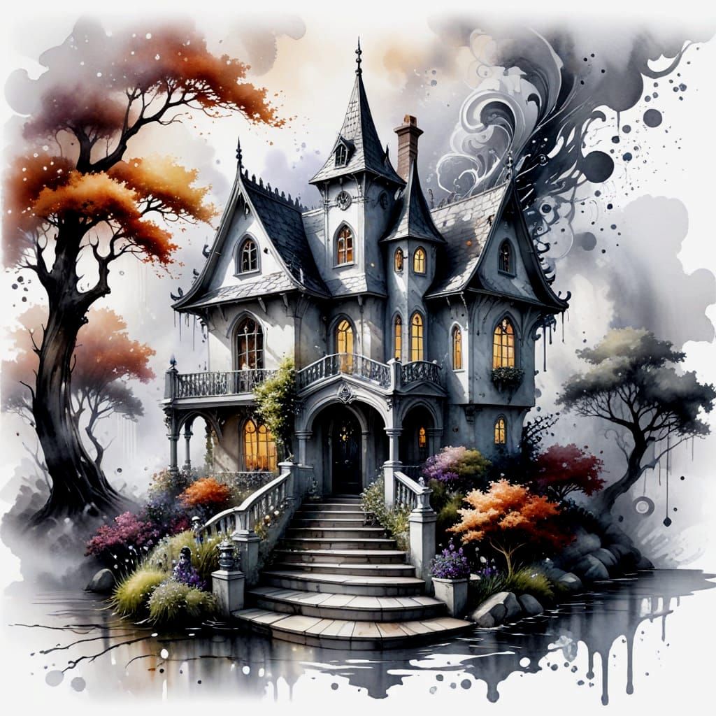 Watercolor Gothic Cottage Amidst Whimsical Fog