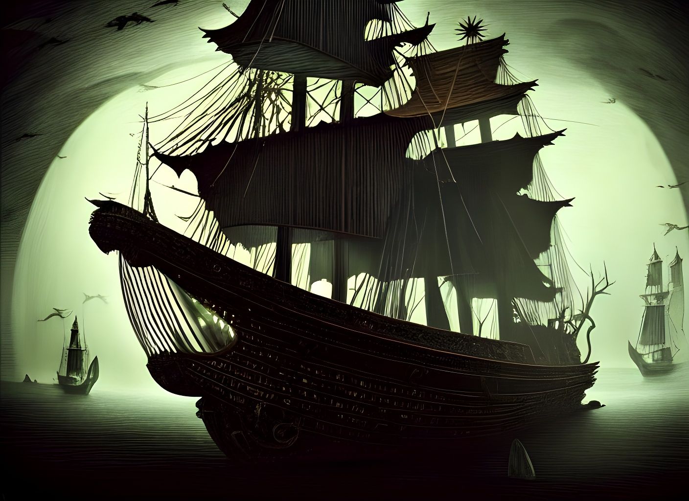 Ghostly Flying Dutchman Ship: Surreal Digital Artwork