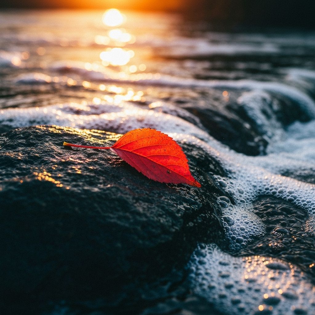 Red Leaf on Black Rock with Golden Hour Light