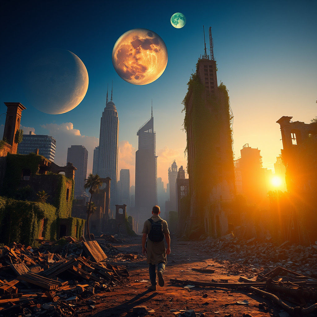 Dystopian Cityscape with Celestial Bodies