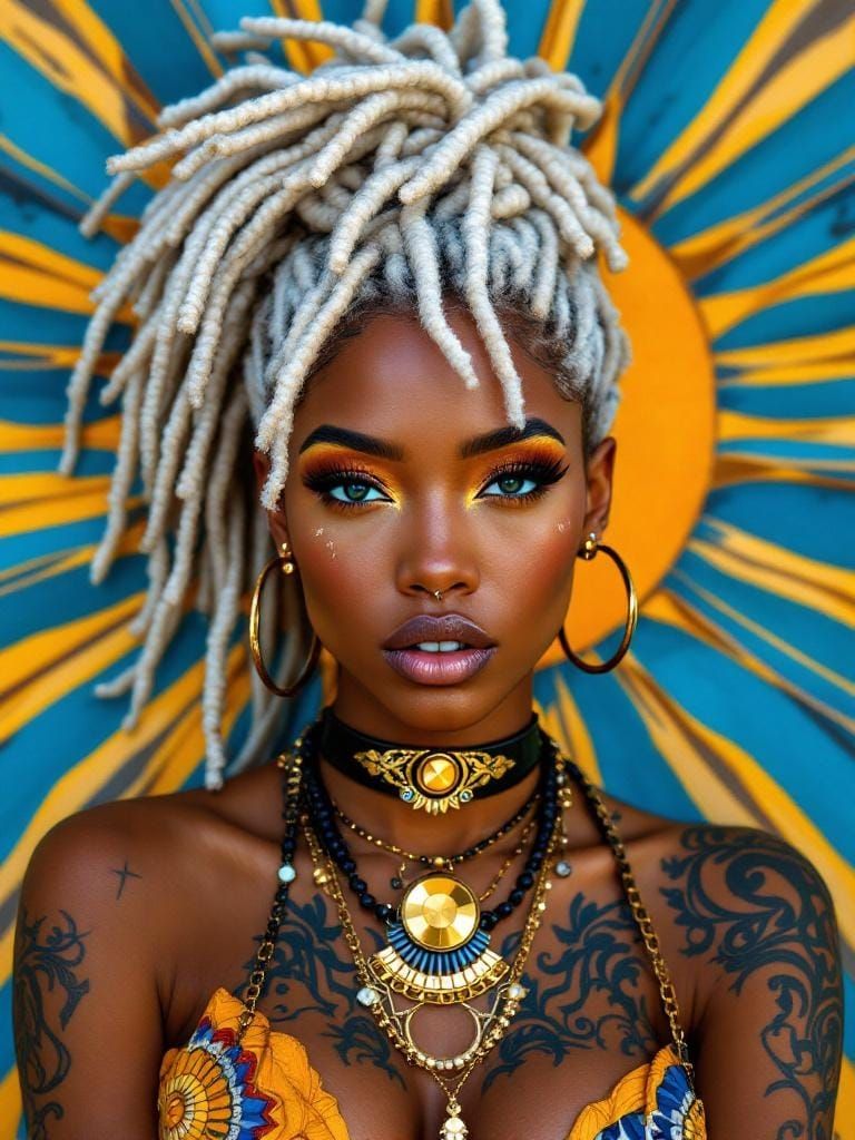 Platinum Dreadlocks Portrait with Gold Jewelry