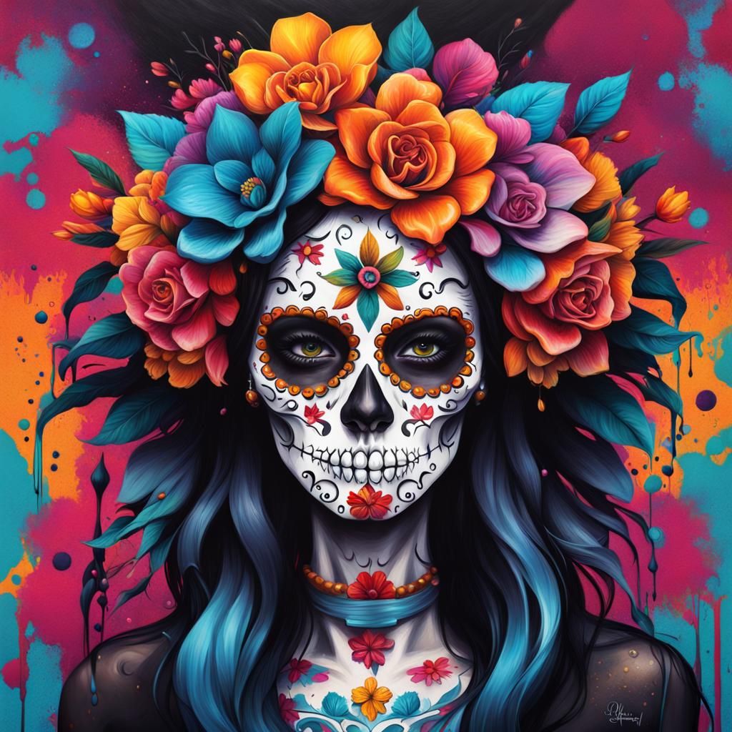 Catrina with Sugar Skull Face in Graffiti Art