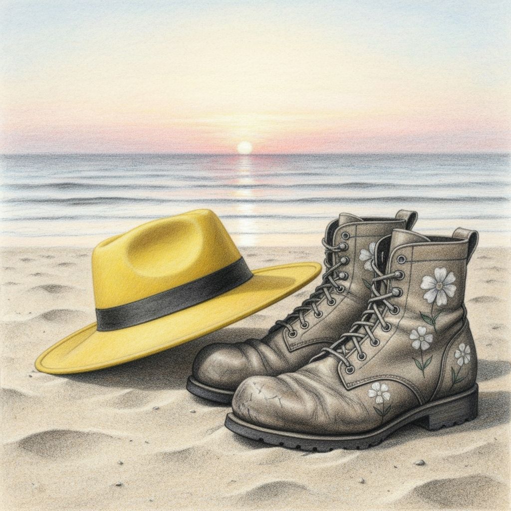 Surreal Sunset Beach Scene with Hat and Boots