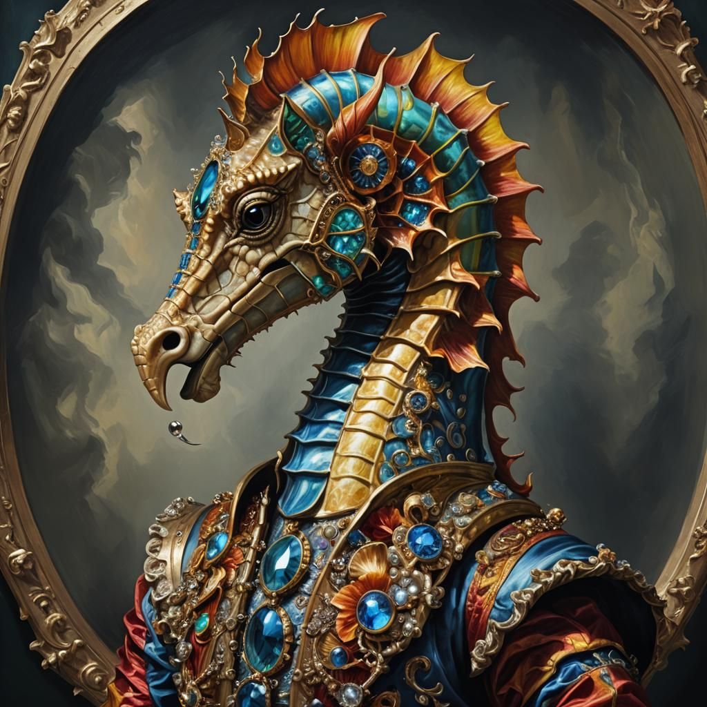 Bejeweled Seahorse Portrait in Baroque Style