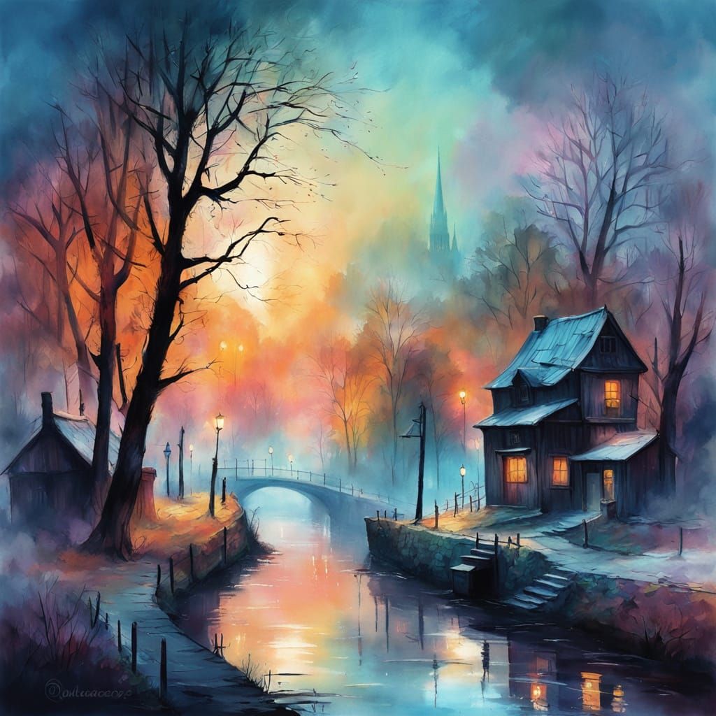 Nostalgic Village at Sunrise in Dreamy Oil Painting Style