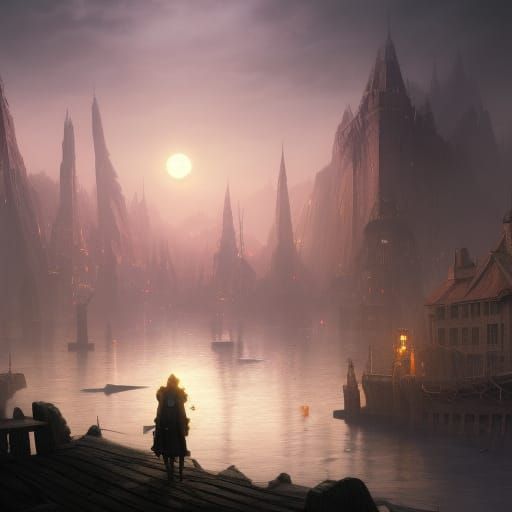 Moon Elf Island Port City in Dark Fantasy Style