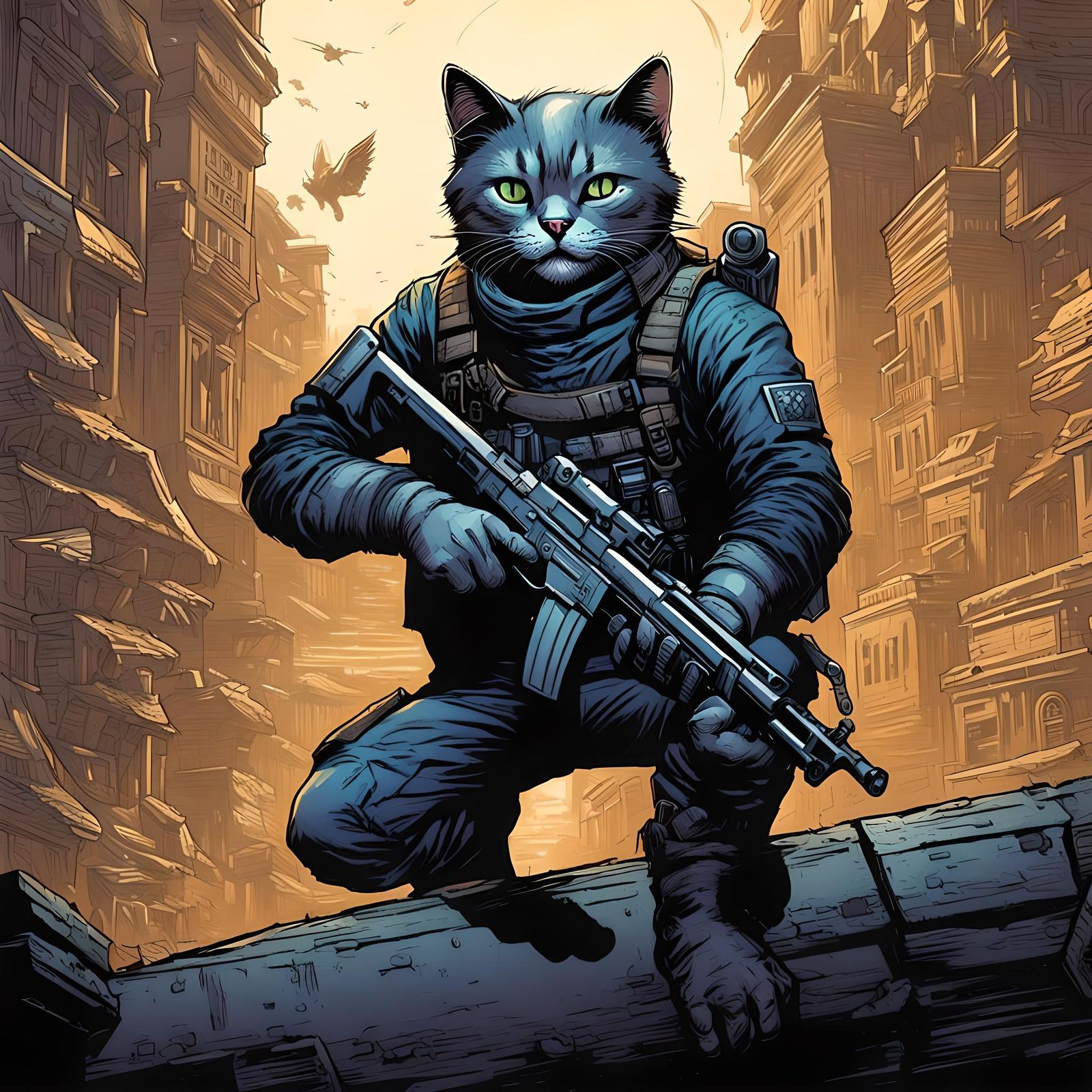 Mercenary Cat in Comic Book Art Style