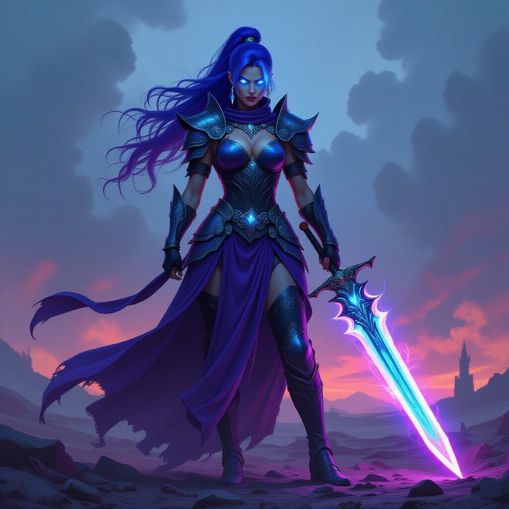 Warrior Woman with Glowing Sword on Battlefield