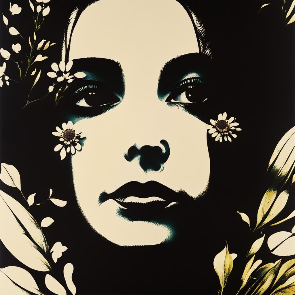 Woman in Flower Field: Surreal Dark Fantasy Art