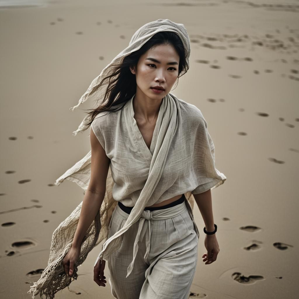 Vietnamese Woman in Linen Outfit on Beach