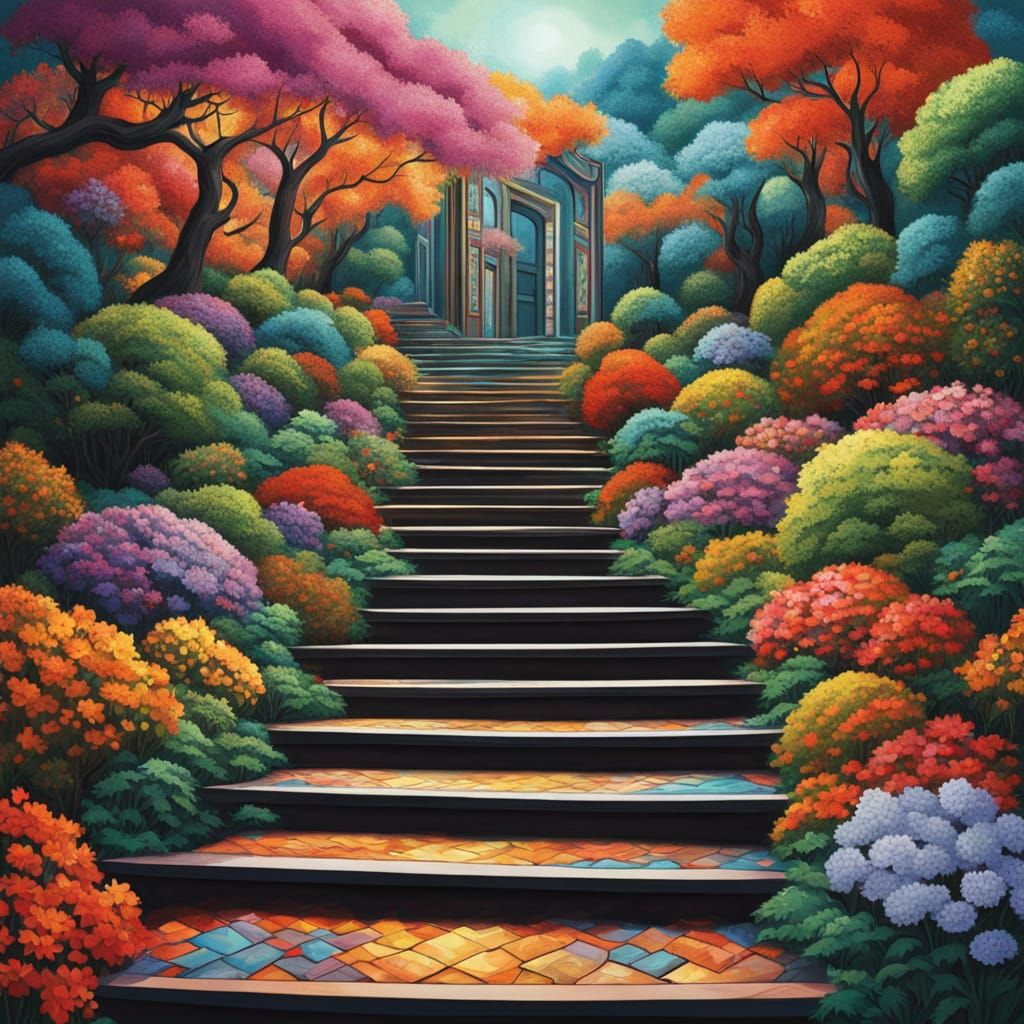 Escher-Style Stairs Ascend in Vibrant Psychedelic Landscape