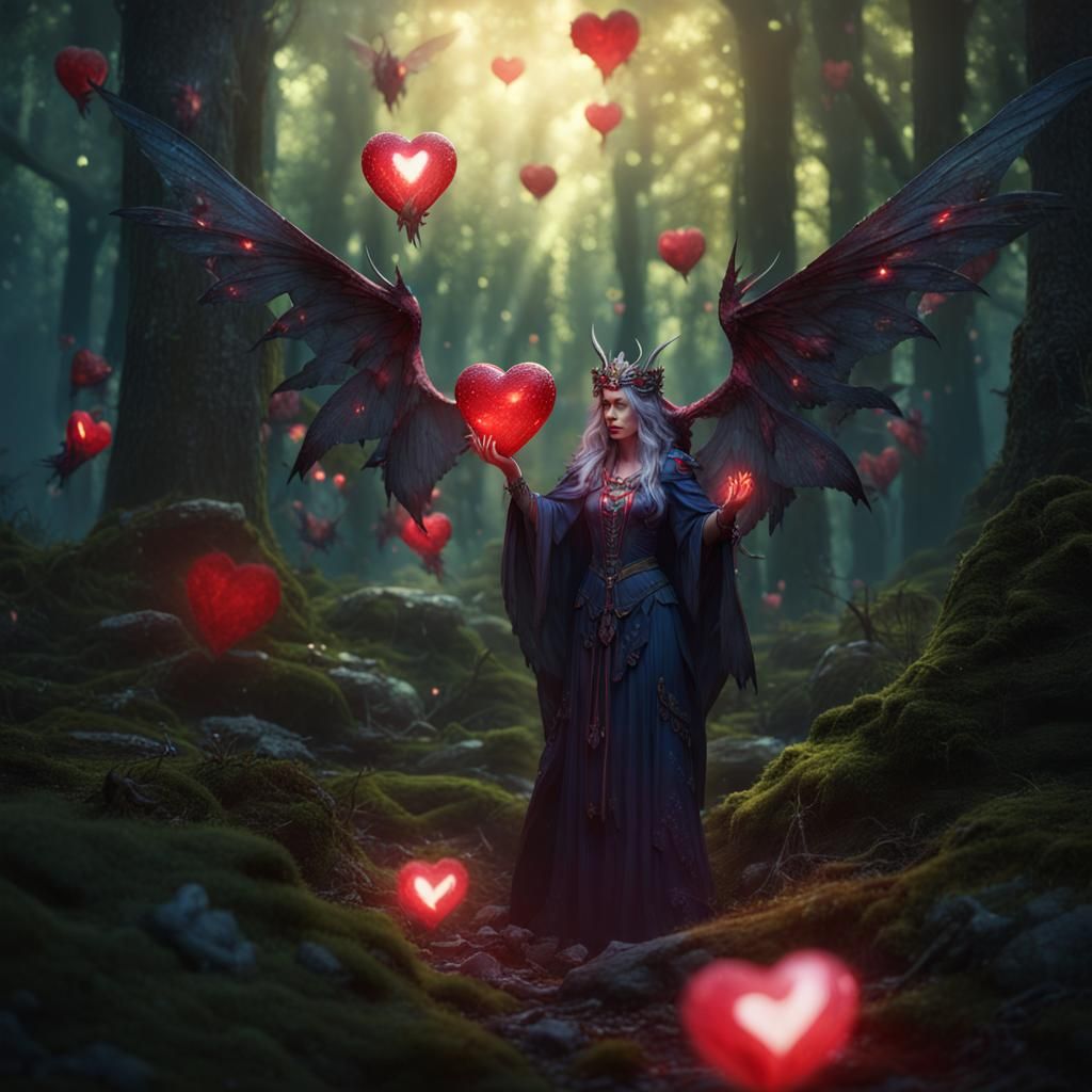 Enchantress Conjures Ruby Heart in Mystic Forest