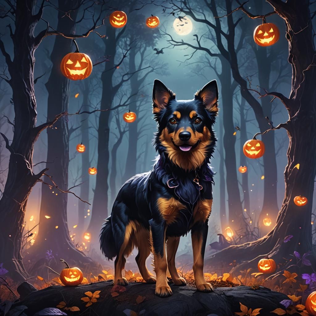 Cute Halloween Dog in Dark Fantasy Forest