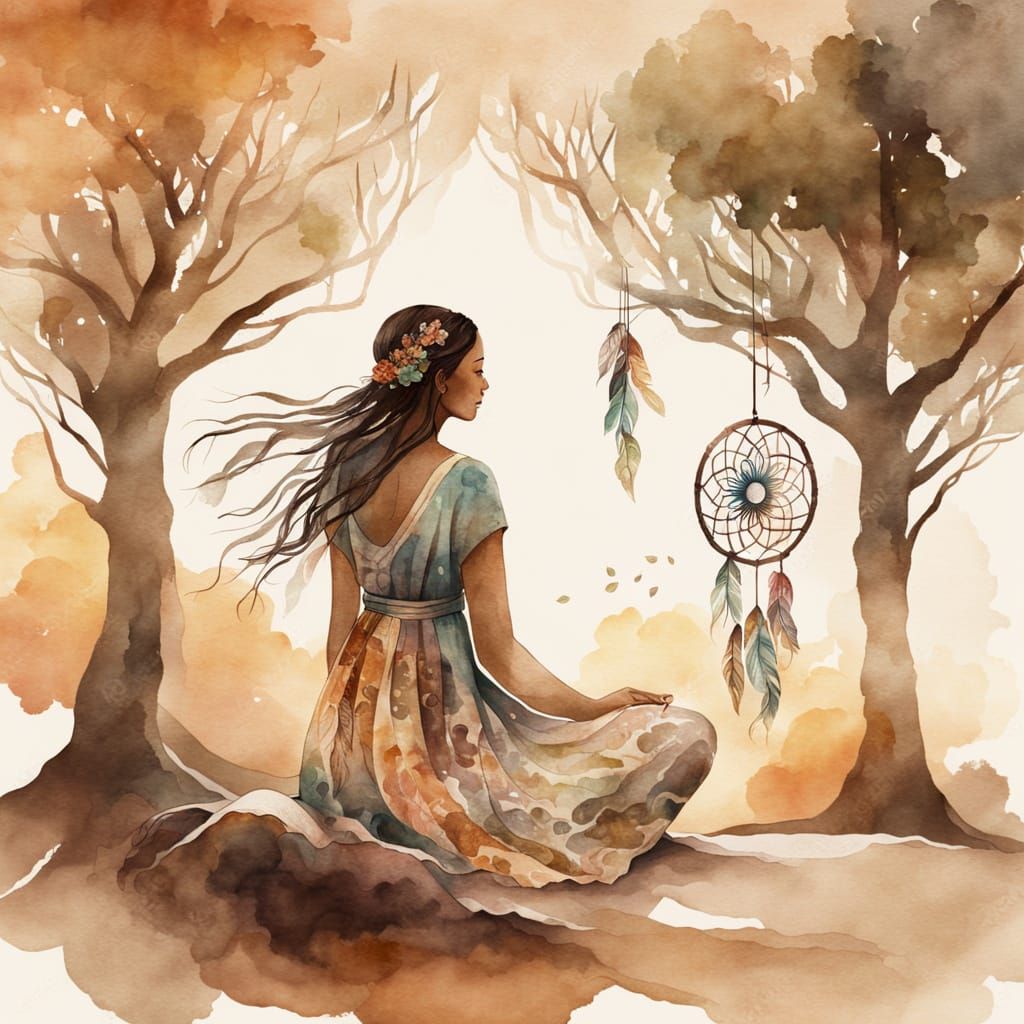 Boho Woman Meditating Under Tree in Watercolor Style