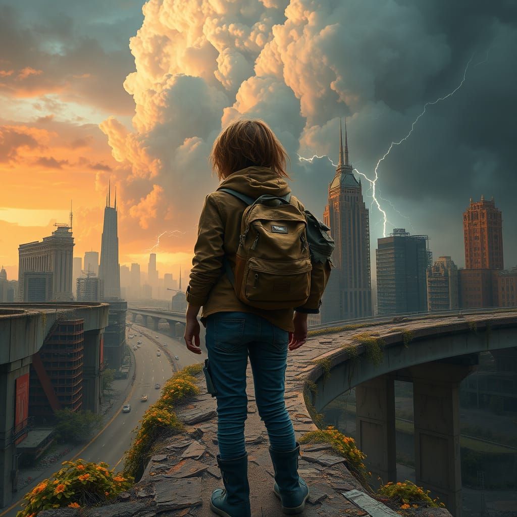 Girl Surviving in a Desolate Post-Apocalyptic Landscape