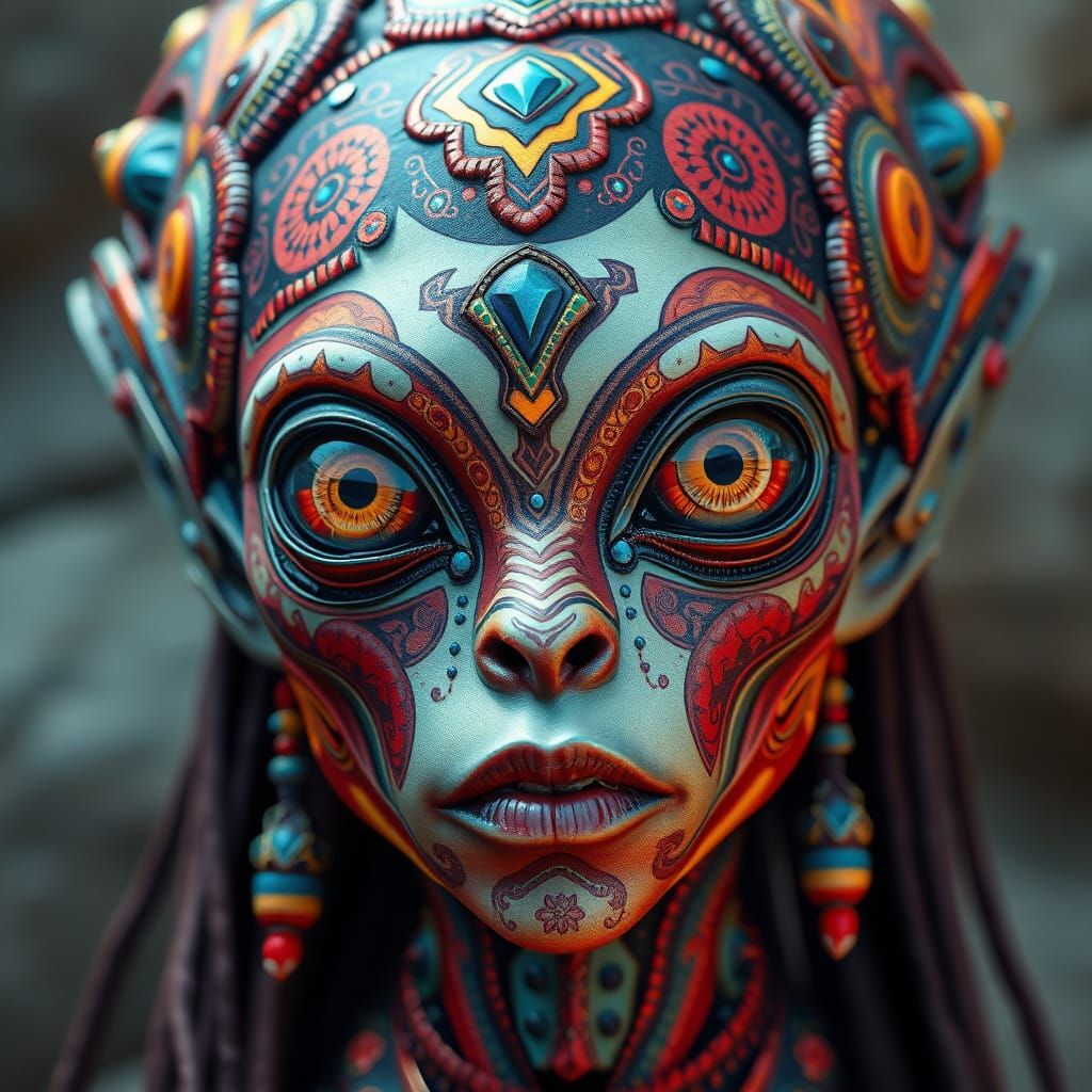 Surreal Alien Goddess with Upside-Down Eyes in Tribal Art St...