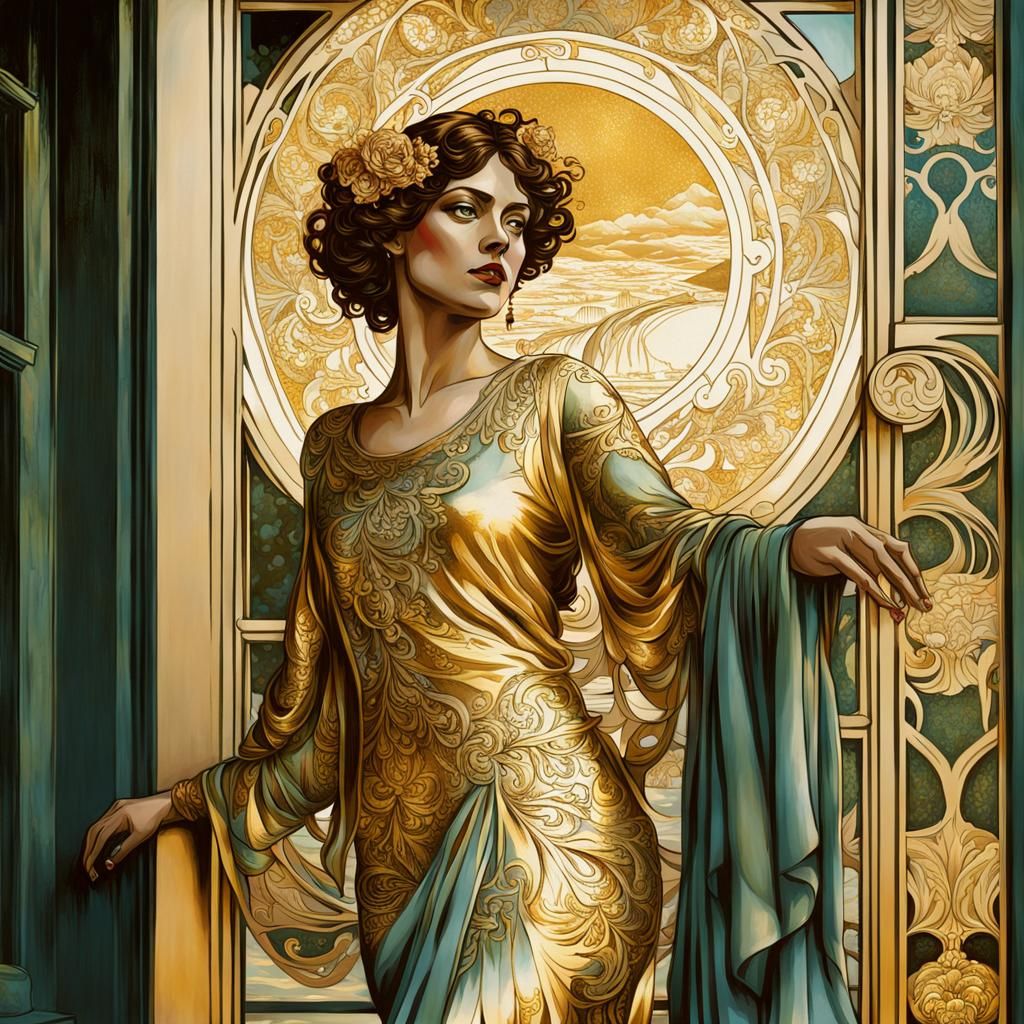 Art Nouveau Portrait in Liquid Gold Style