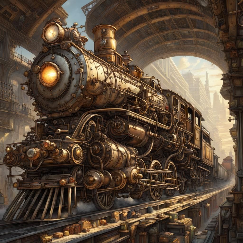 Intricate Steampunk Hybrid Vehicle with Many Wheels