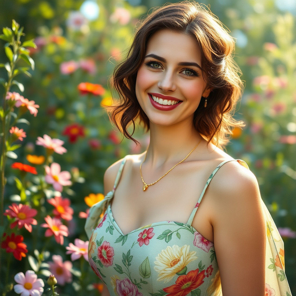 Radiant Woman Smiling in Impressionist Garden