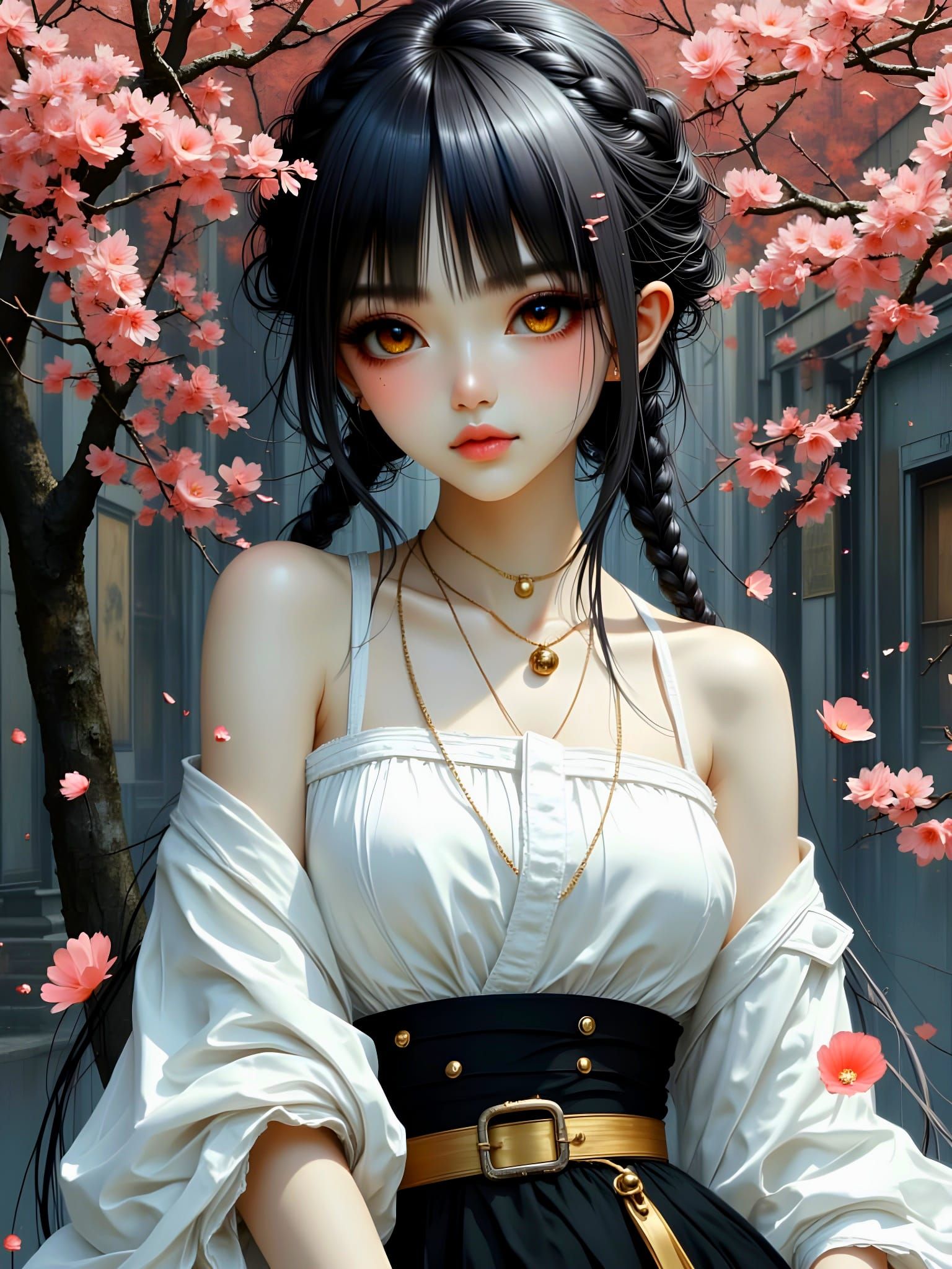 Anime Girl in Chinese Painting Style with Cherry Blossoms