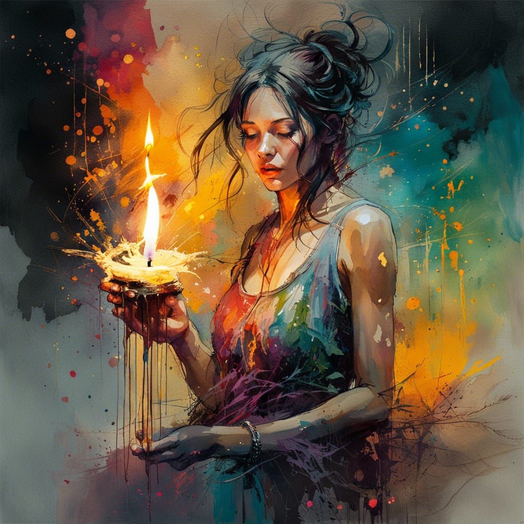Woman with Candle in Watercolor Art