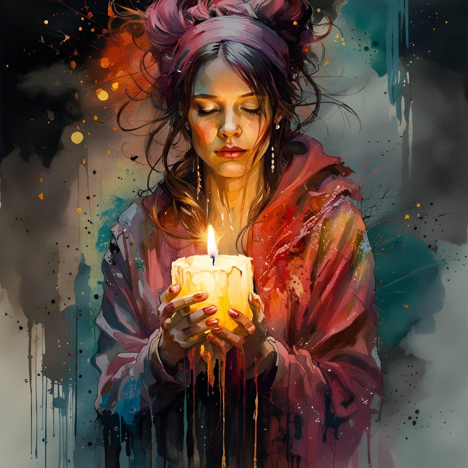Woman with Candle in Wind: Watercolor Art