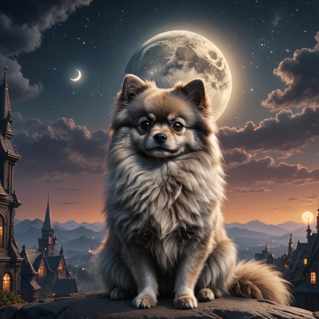 Grey Sable Pomeranian Moon Gazing: Fantasy Art