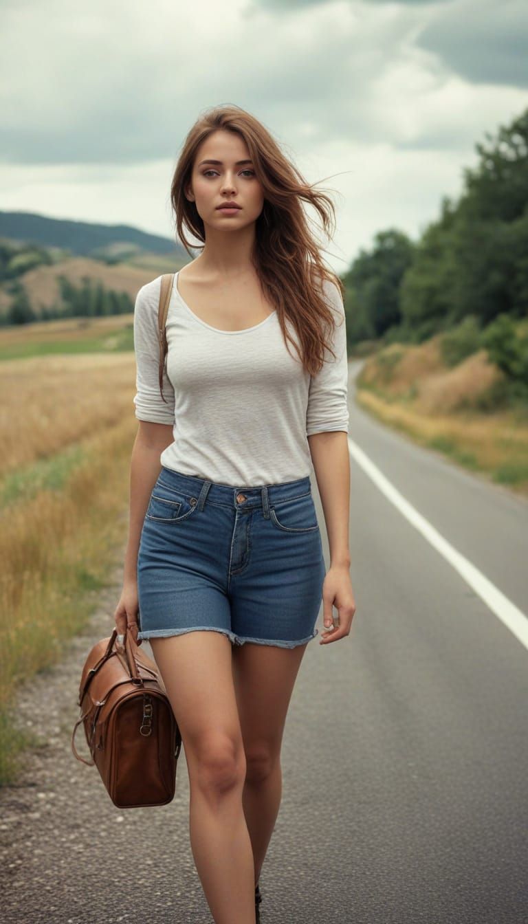 Beautiful Woman Hitchhiking Realistically