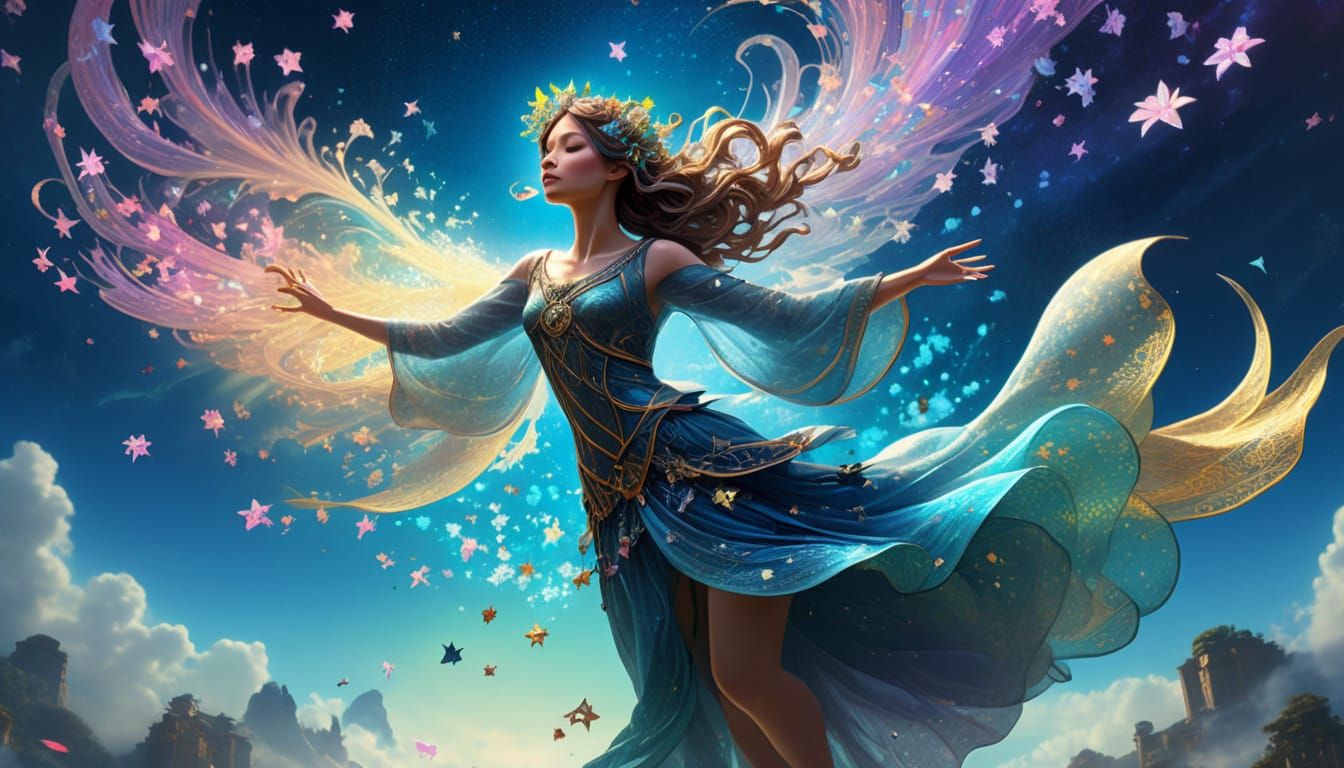 Celestial Dancer in Nebula: Digital Art in Mucha Style