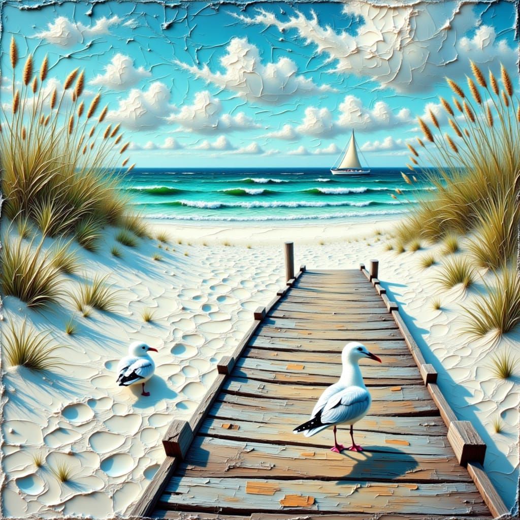 <lora:Encaustic Impasto:1.0> <lora:Mixing It Up:1.0>
encaustic oil Impasto wood plank walkway to the ocean, white sand, ...