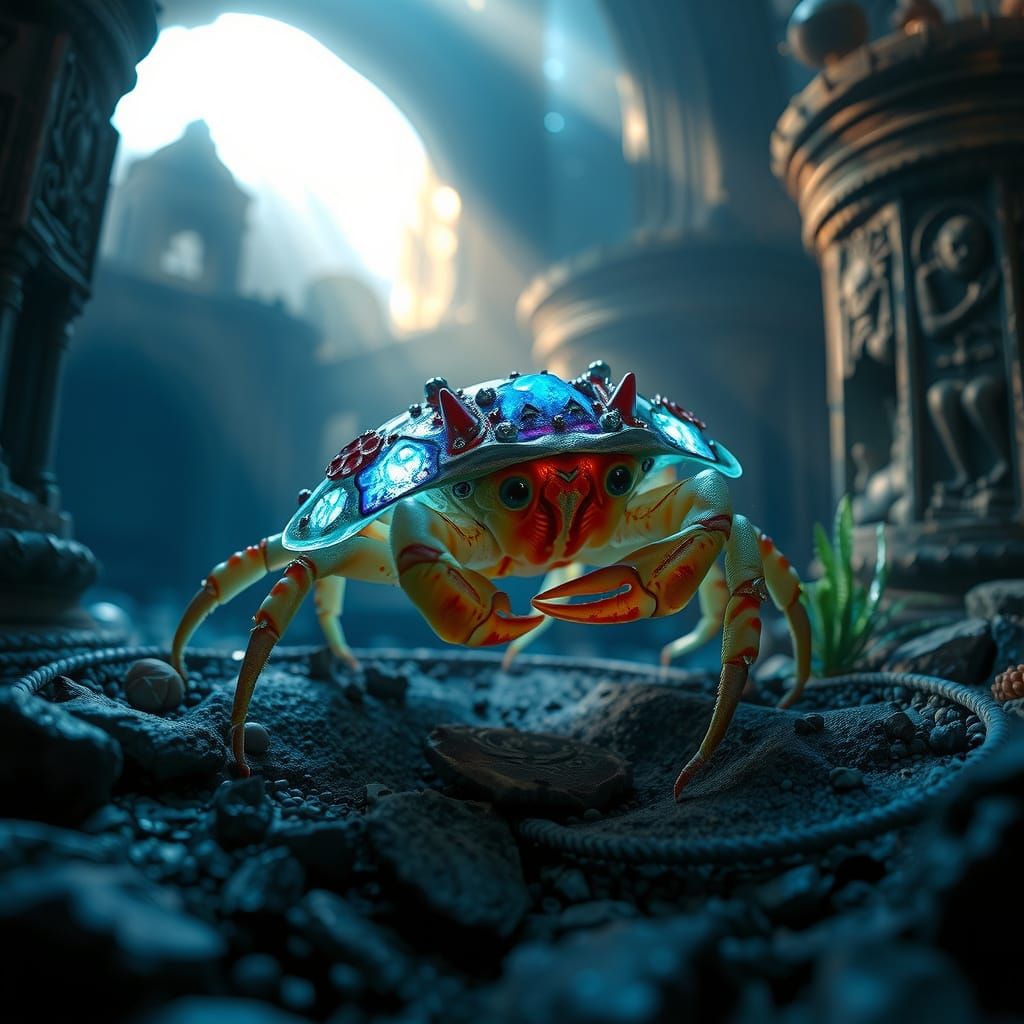 Bioluminescent Hermit Crab Exploring Sunken City Ruins