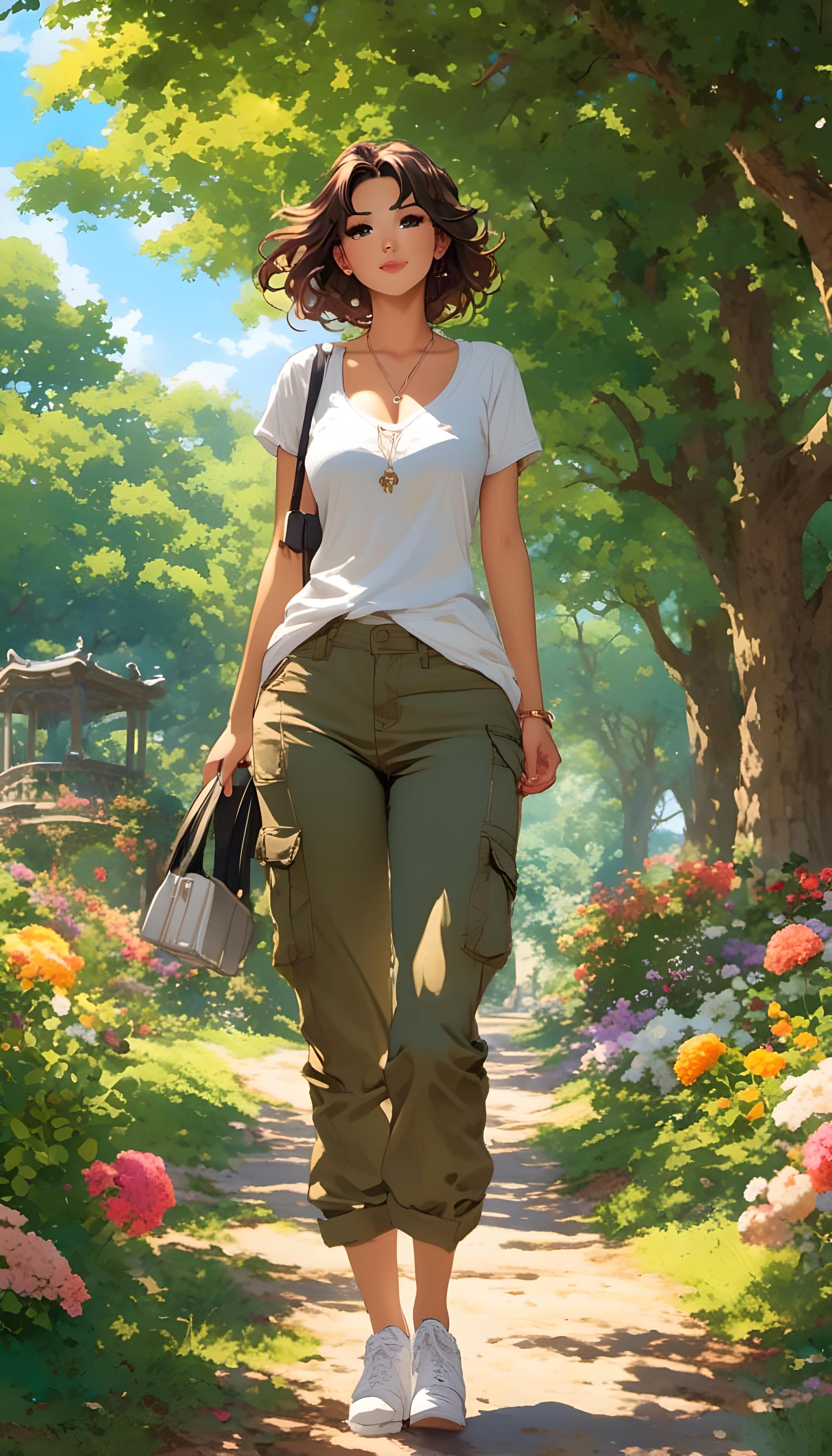 Curvy Woman in Cargo Pants: Anime Illustration