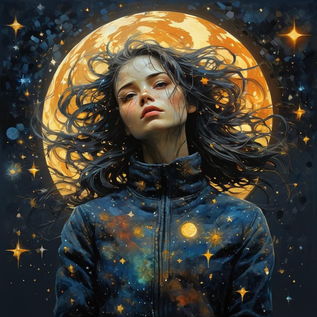 Magical Woman in Starry Night Sky