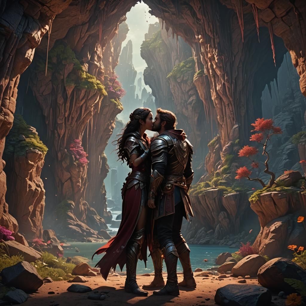 Young Couple Kissing in a Cave: Fantasy Concept Art