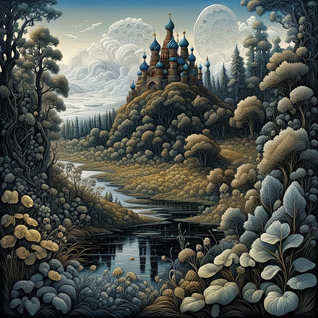 Fantasy Russian Landscape in Detailed Pen and Ink
