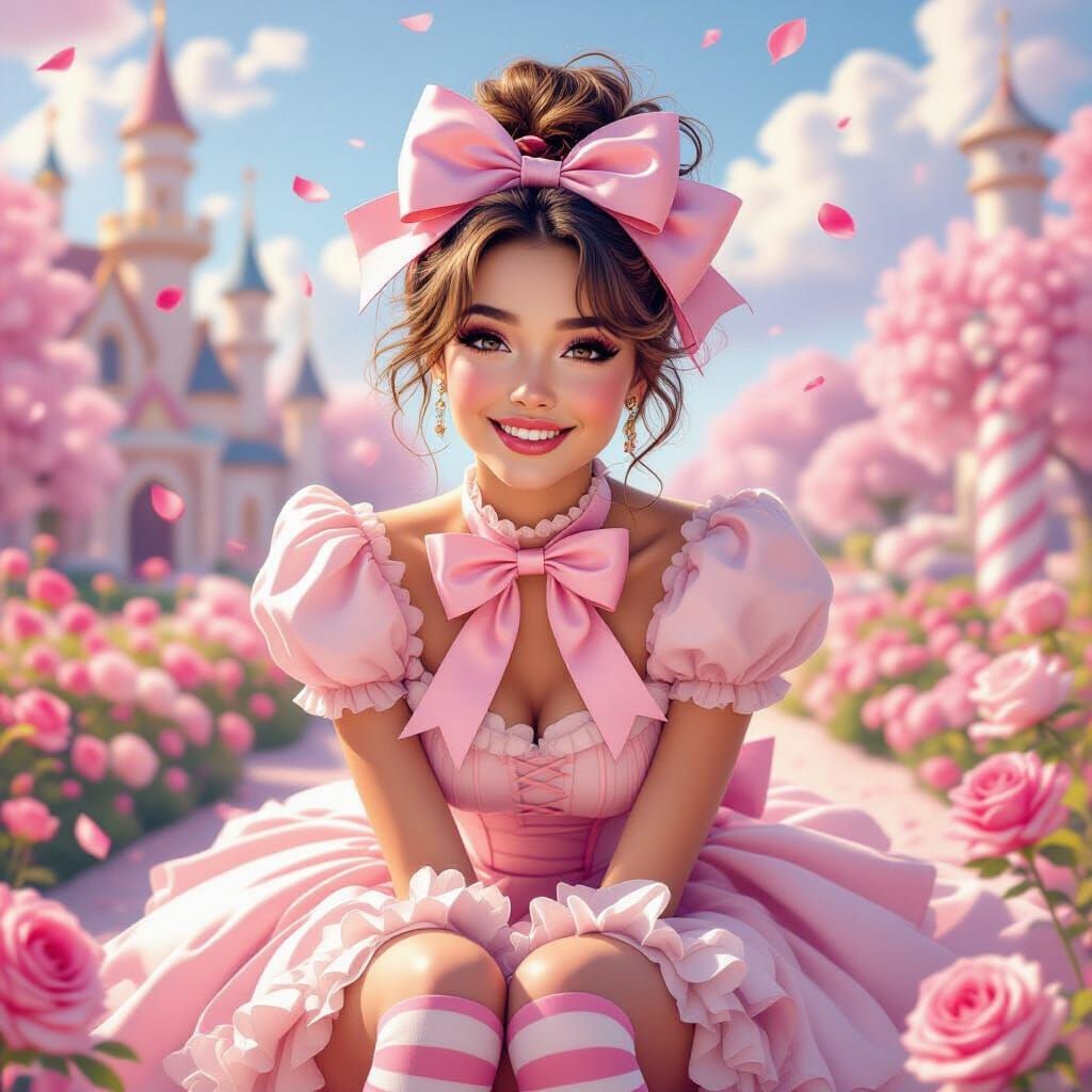 Fairytale Woman with Pink Bow in Pastel Hues