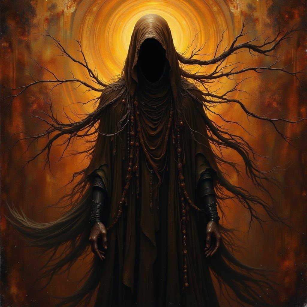 Mysterious Dark Brown Figure in Moody, Earthy Landscape