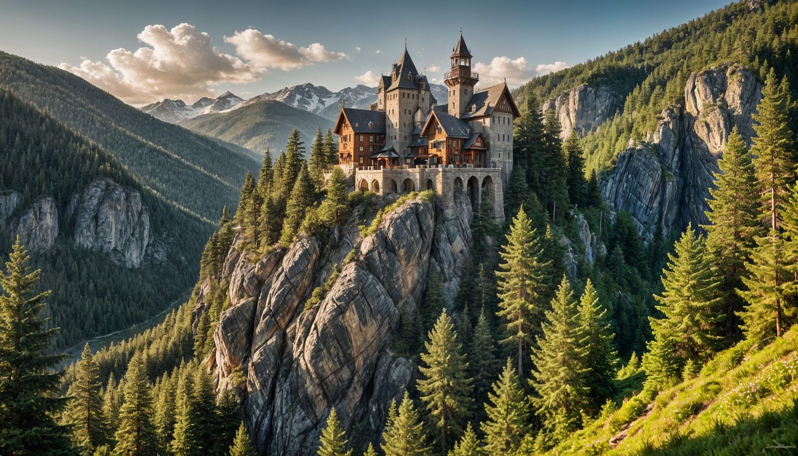 Rustic Lodge with Round Towers in Pine Woods