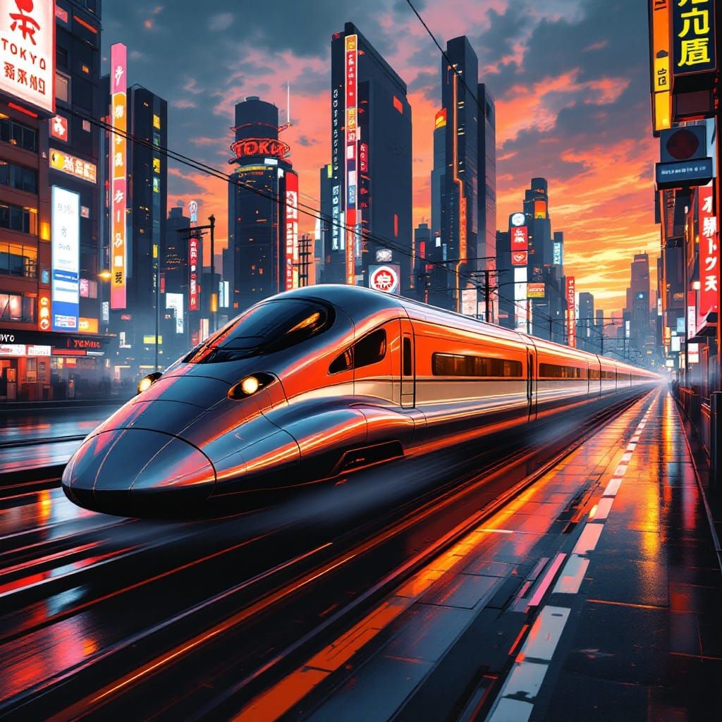 Futuristic Bullet Train in Neon Tokyo