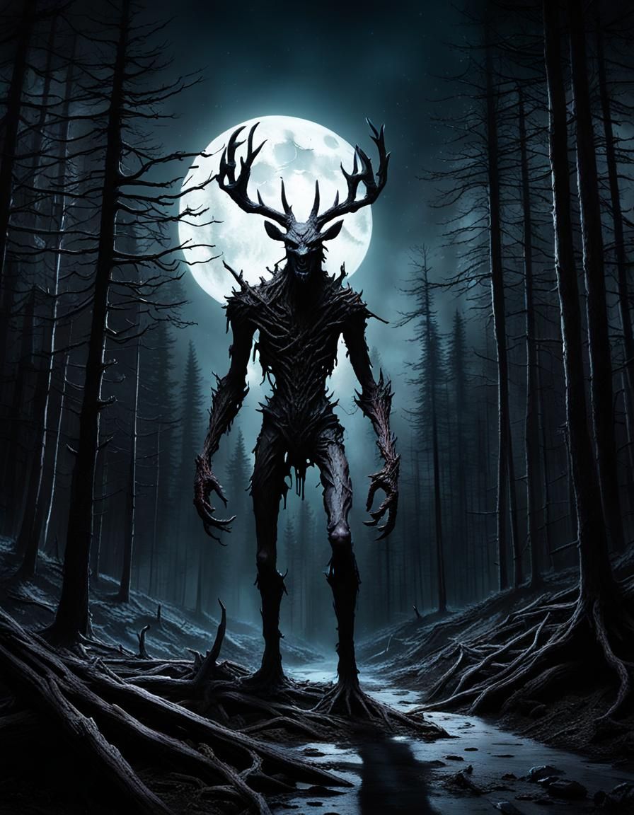 Sinister Wendigo in Burnt Forest Under Moonlight